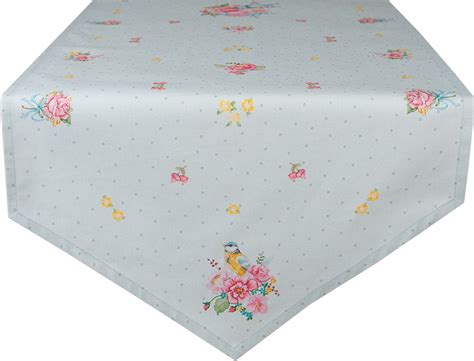 Clayre Eef Tafelloper 50x160 Cm Groen Katoen Bloemen Tafelkleed Loper