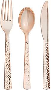 Amazon Assorted Rosegold Hammered Plastic Cutlery Set 24 Pcs