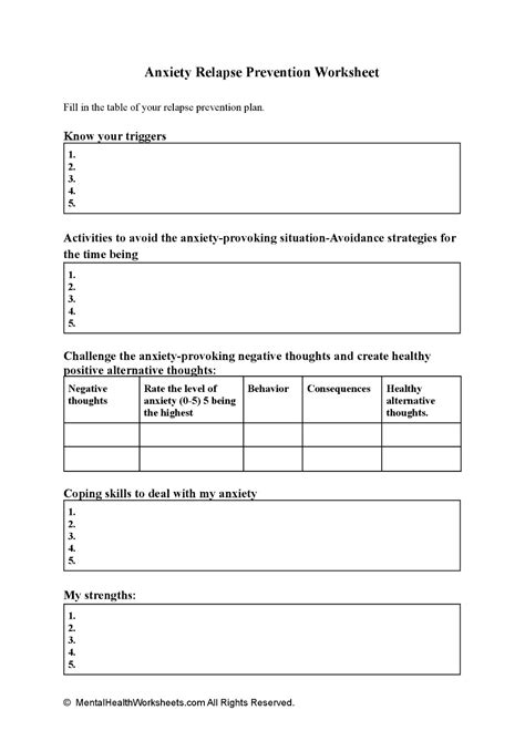 Anxiety Relapse Prevention Worksheet Artofit