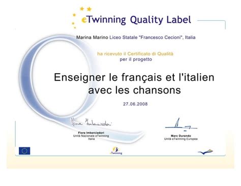 Etwinning qualitylabel projet Enseigner le français et l italien avec