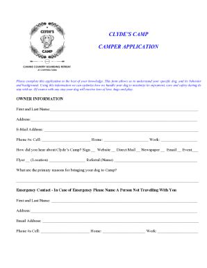 Fillable Online CLYDES CAMP Camper Application Registration And