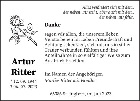 Traueranzeigen Von Artur Ritter Saarbruecker Zeitung Trauer De