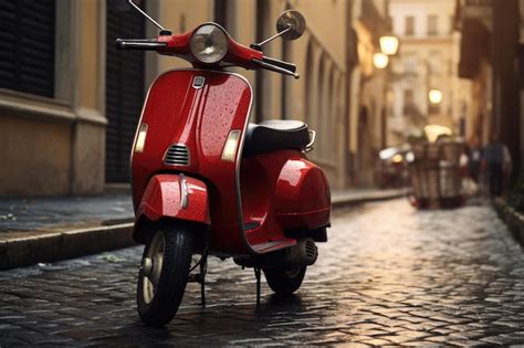 Premium Photo Red Scooter Parked On Cobblestone Street