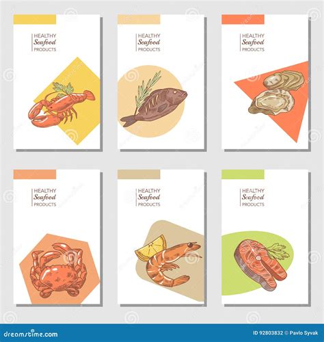 Hand Drawn Sea Food Cards Brochure Design With Fish Shrimp And Lobster