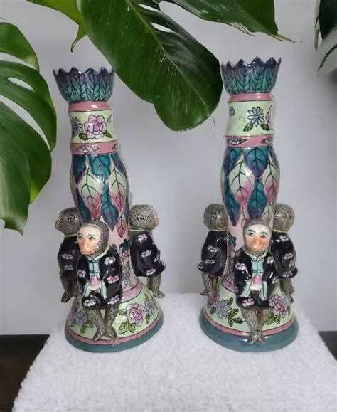Pair Of Rare Andrea By Sadek Chinoiserie 12 Monkey Candle Holders