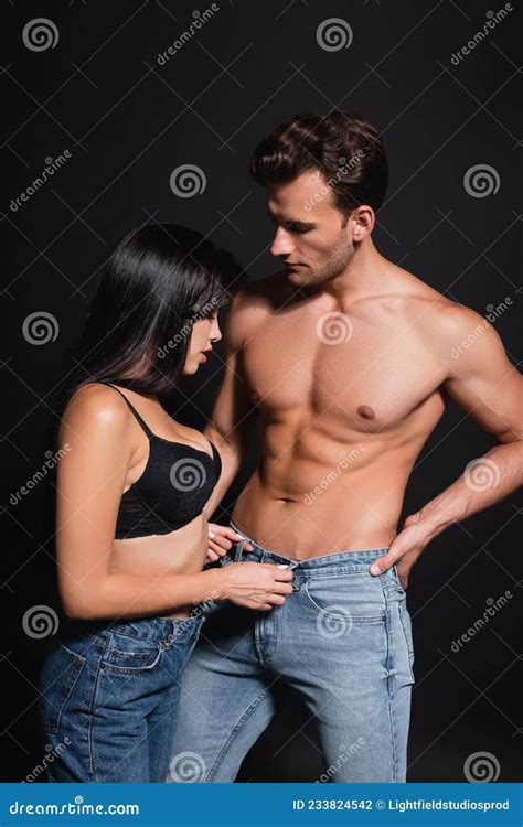 Brunette Woman Unbuttoning Jeans Of Shirtless Stock Photo Image Of