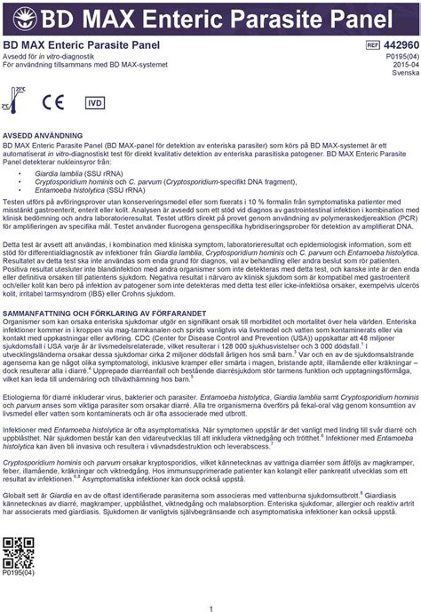 Bd Max Enteric Parasite Panel Avsedd F R In Vitro Diagnostik F R