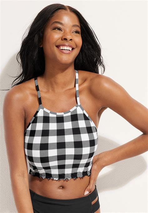 Plaid Lace Up Back High Neck Midkini Swim Top Maurices