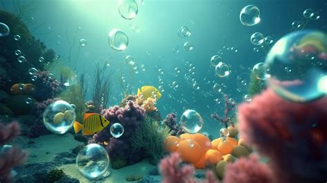 Kartun Dunia Bawah Laut Dalam Rendering 3d Dengan Gelembung Udara