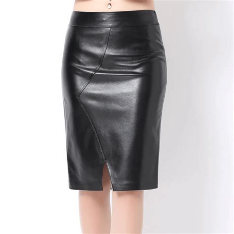 Women Soft Genuine Leather Skirt High Waist Slim Hip Pencil Skirts Vent