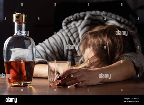 Drunk Intoxicated Woman Sleeping Near Whiskey Glass Female Heavy