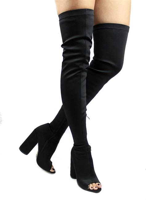 Camy Lycra Black Wowtrendz Chunky Heel Thigh High Open Toe Boots