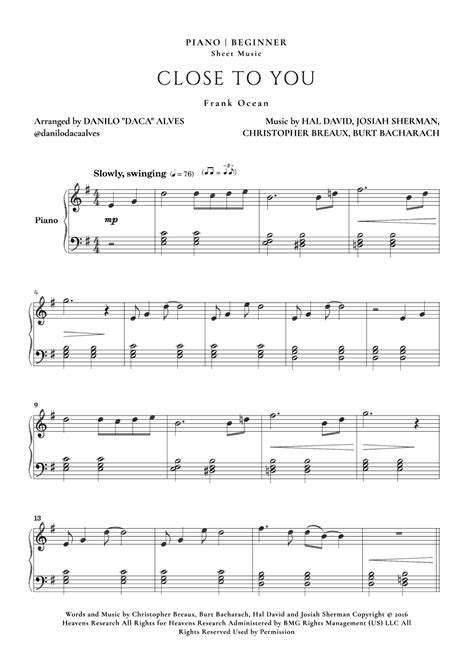 Close To You Arr Danilo Daca Alves By Frank Ocean Sheet Music For