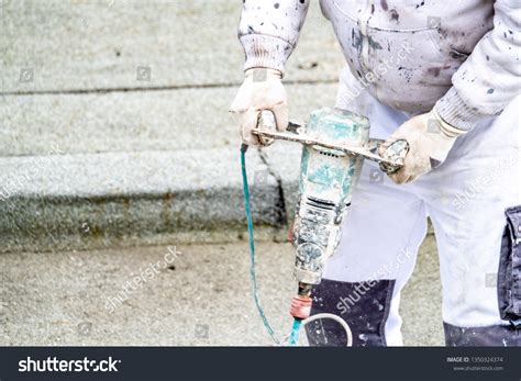 Mixing Plaster Solution Bucket Using Electric Stock Photo