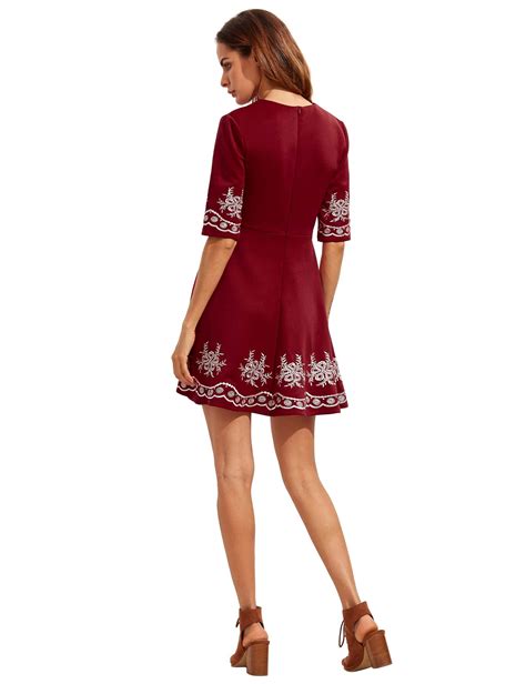 Burgundy Sleeve Embroidered Flare Dress Shein Sheinside