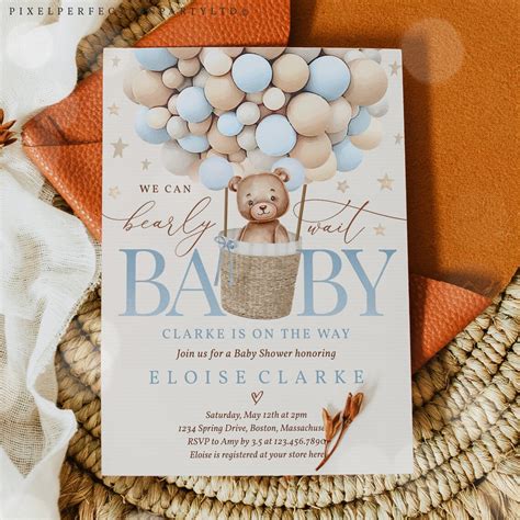 Editable Teddy Bear Hot Air Balloon Baby Shower Invitation Boy Etsy