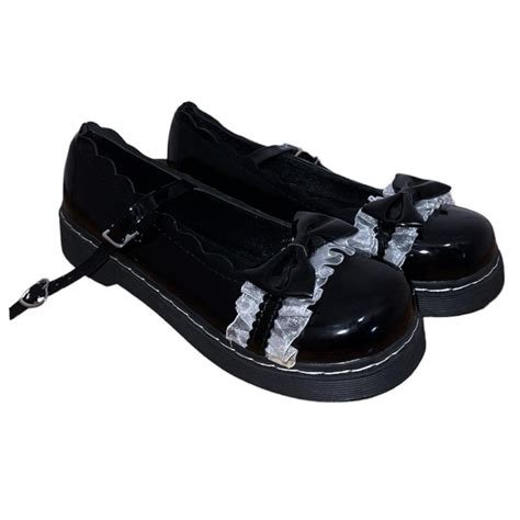 Black Mary Jane shoes with white lace trim and bows... - Depop