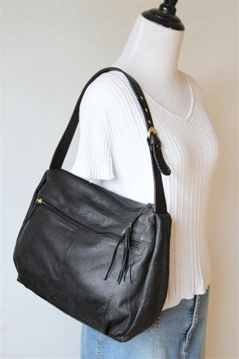 Stone Mountain Black Hobo Handbag Leather Shoulder Bag Vintage Stone