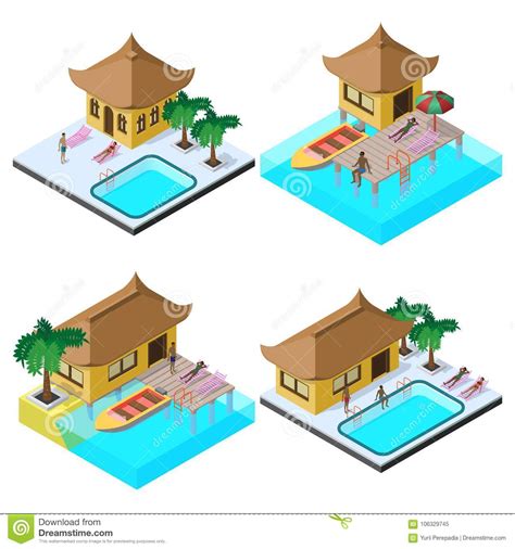 Isometric Vector Image Set With Bungalows Motorboats Swimming Pools