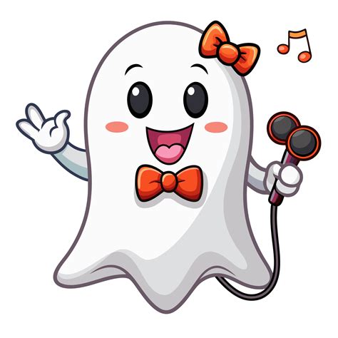 White Kawaii Ghost In Witch Hat With Bow Singing 47239858 Png