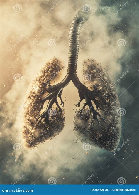 Realistic Depiction of Lungs Surrounded by Smog and Dust Particles