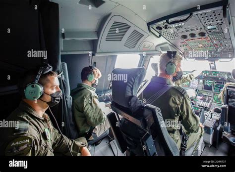 King Philippe - Filip of Belgium sits inside the cockpit of the Airbus A400M aircraft during a ...