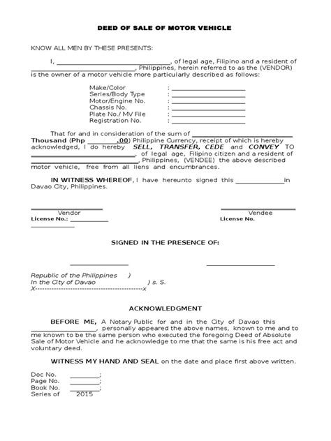 Main Deed Sale Motor Vehicle Form Philippines 1 52 Off