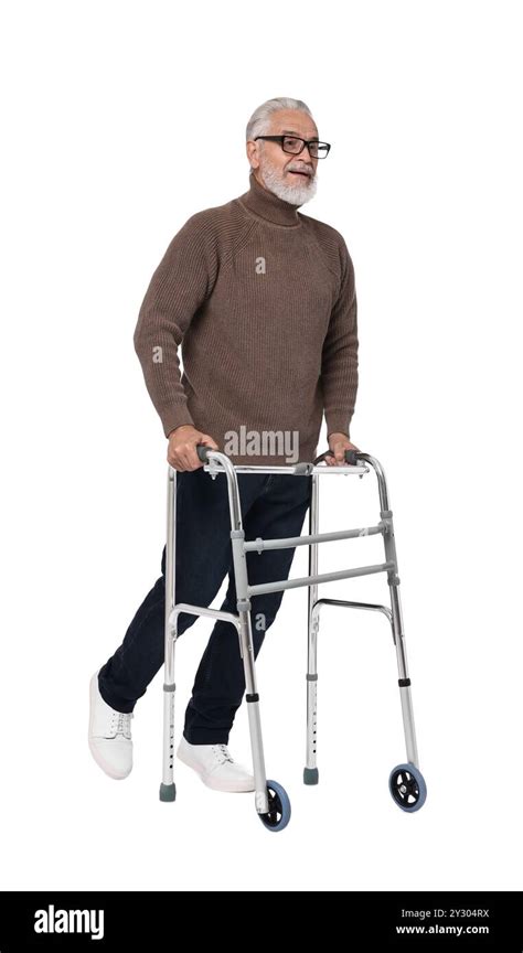 Senior Man Using Walking Frame On White Background Stock Photo Alamy