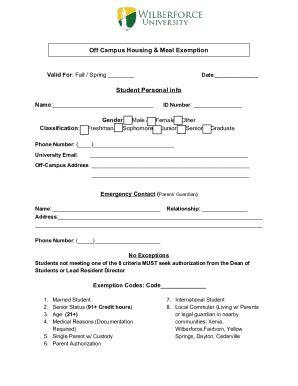 Fillable Online Off Campus Housing Meal Exemption FormWilberforce