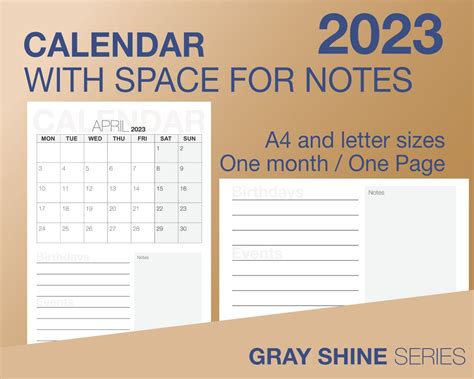 Printable Vertical 2023 Calendar With Space for Notes - Etsy