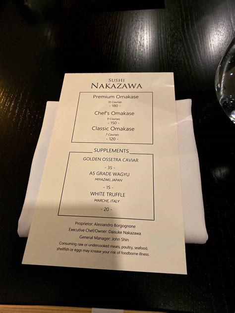 Menu At Sushi Nakazawa Restaurant New York City