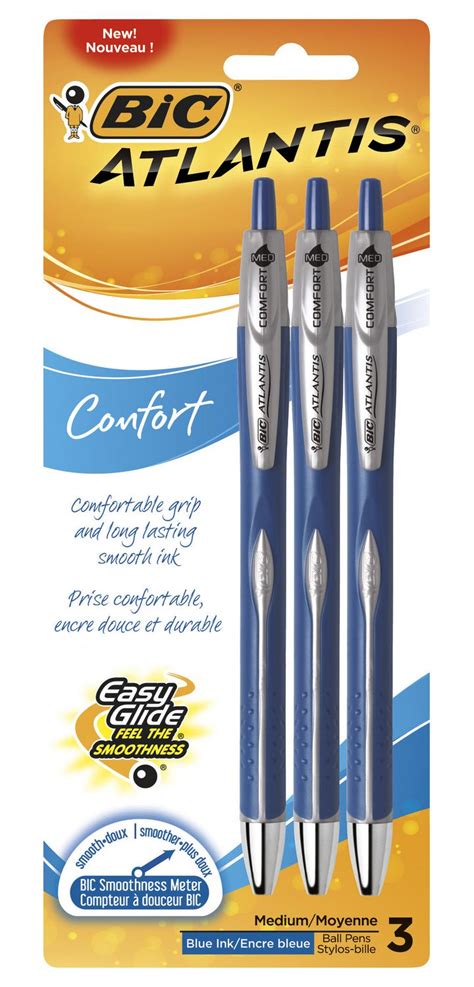 Bic Atlantis Comfort Retractable Ball Pen Medium Point Blue 3 Count