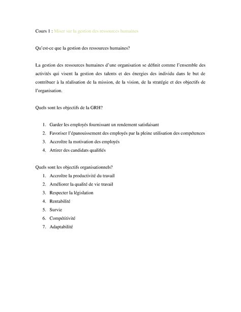 Révision intra GRH Cours 1 Miser sur la gestion des ressources