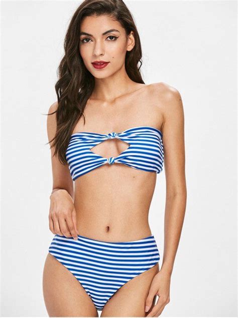 16 OFF 2021 Knot Striped Bandeau Bikini In BLUE ZAFUL