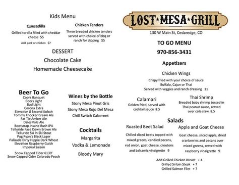 Menu at Lost Mesa Grill restaurant, Cedaredge