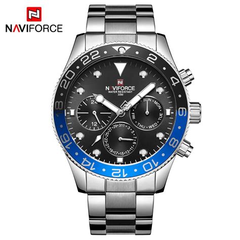 Naviforce Montre Argent Noir Luxe Hommes Analogique Quartz Sport