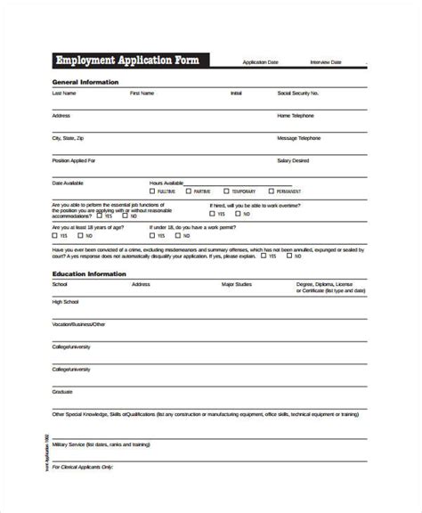 Printable Generic Application For Employment