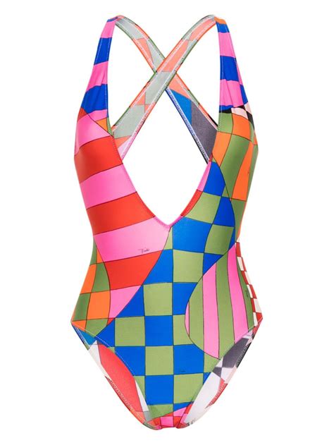 PUCCI Check Print V Neck Swimsuit Farfetch