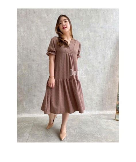 Domscorner Rufle Polka Dress Choco Fesyen Wanita Pakaian Wanita Gaun