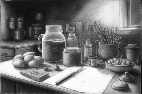 Kitchen With Cooking Utensils And Food Supplies In Pencil Drawing