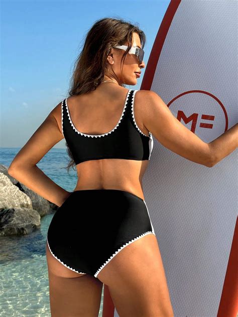 Shein Swim Sprty Women S Color Block Swimsuit Set Tank Top Bikini Swimwear Bathing Suit Beach