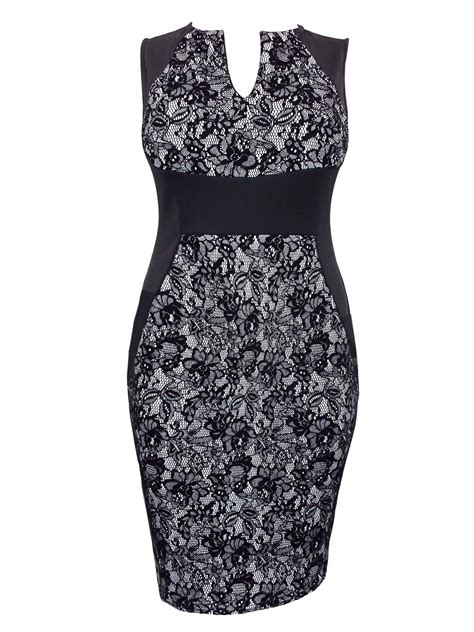 Praslin Praslin Black Bonded Lace Curvy Contrast Panel Illusion Pencil Dress Plus Size