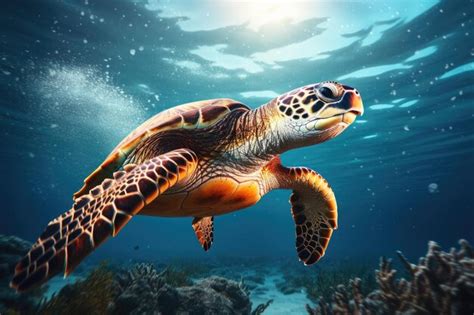 Premium Photo Green Sea Turtle Swimming In The Ocean Underwater World