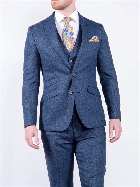 Torre Torre Devon Mens Blue British Wool Herringbone Tweed Suit Jacket Menswearr