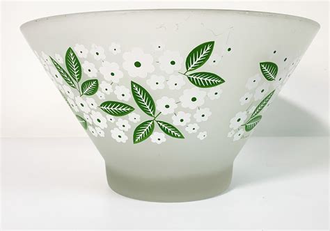 Vintage Large Frosted Glass Bowl Pasinski Green Leaves And White Flowers Punch Salad Serving Mid