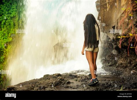 Girl Admires Very Beautiful Big Waterfall In Indonesia Girl Travels