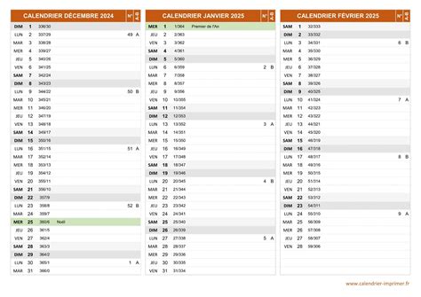 Calendrier Décembre 2024 à Février 2025