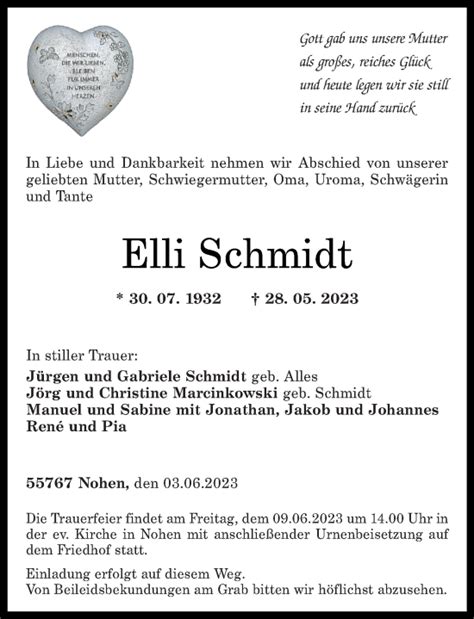 Traueranzeigen Von Elli Schmidt Rz Trauer De