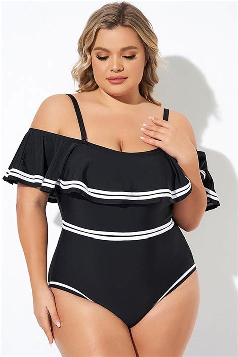 Black And White Off Shoulder Ruffles One Piece Swimsuit Meet Curve