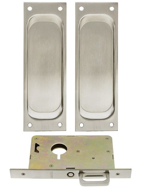 Brass Passage Pocket Door Mortise Lock Set With Rectangular Pulls In Satin Nickel 1 3 8 Thick